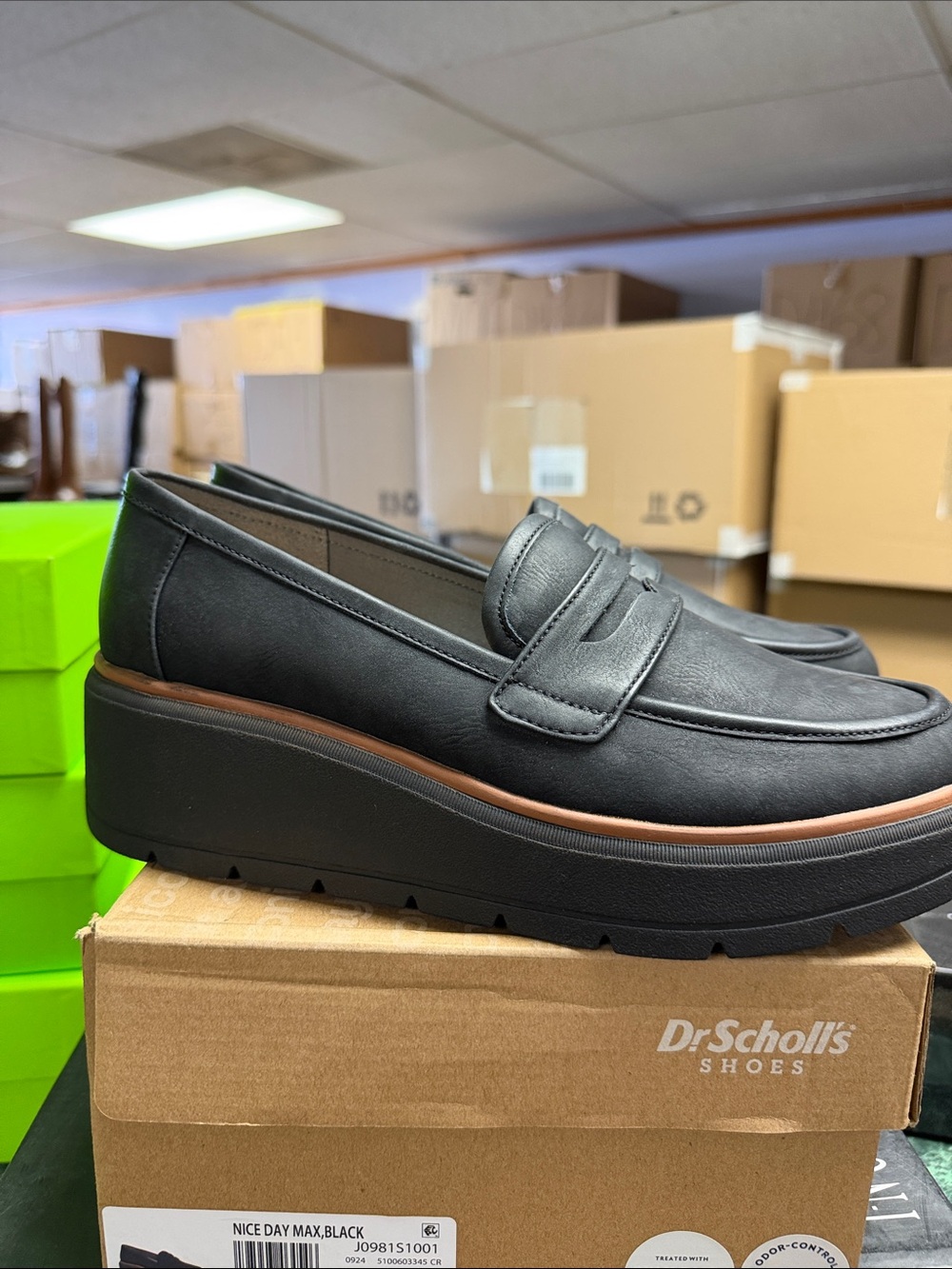 Dr. Scholl's Black Platform Penny Loafers with Brown Trim